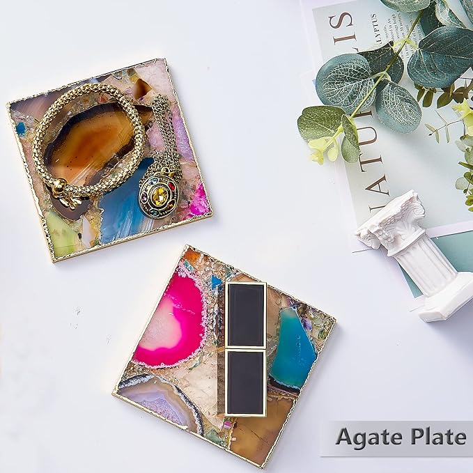 Agate Square Coasters Set of 4, Rainbow Crystal Coasters with Gold Edge for Home Decor