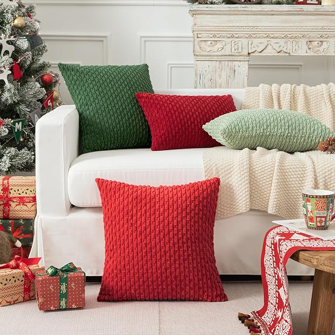 Kevin Textile Christmas Throw Pillow Covers Soft Corduroy Decorative Set of 2 Boho Striped Pillow Covers Pillowcases Farmhouse Home Decor for Couch Bed Sofa Living Room 18x18 Inch Red