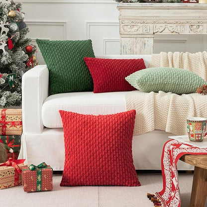 Kevin Textile Christmas Throw Pillow Covers Soft Corduroy Decorative Set of 2 Boho Striped Pillow Covers Pillowcases Farmhouse Home Decor for Couch Bed Sofa Living Room 18x18 Inch Red