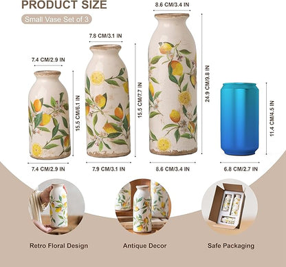 Teweiqi Vintage Vase Set of 3, Ceramic Flower Vases Decor, Rustic Farmhouse Vases Retro Decorative Vases, for Home Living Room Kitchen Table Mantle Shelf Decor - Lemon