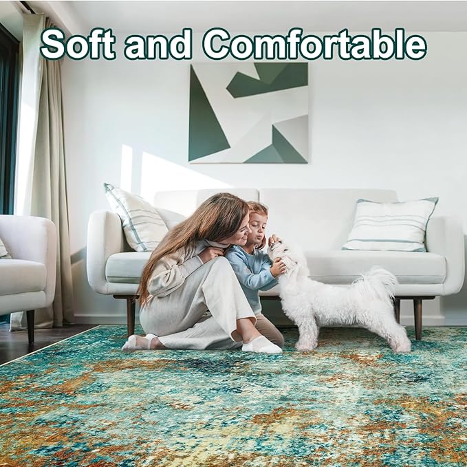 Washable Area Rug 5x7 - Neutral Modern Abstract Rugs, Soft Non Slip Thin Carpet with for Bedroom, Under Dining Room Table, Home, Office, Dorm, Office Rolling Chair - Teal Brick