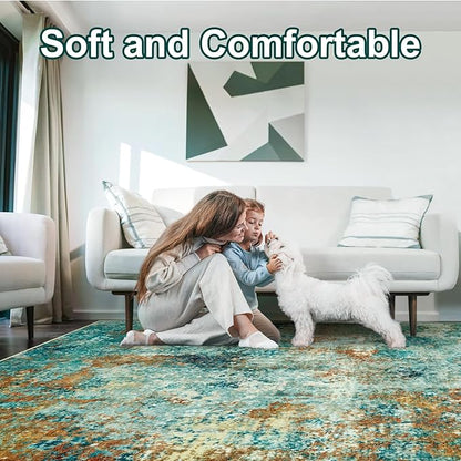 Washable Area Rug 5x7 - Neutral Modern Abstract Rugs, Soft Non Slip Thin Carpet with for Bedroom, Under Dining Room Table, Home, Office, Dorm, Office Rolling Chair - Teal Brick