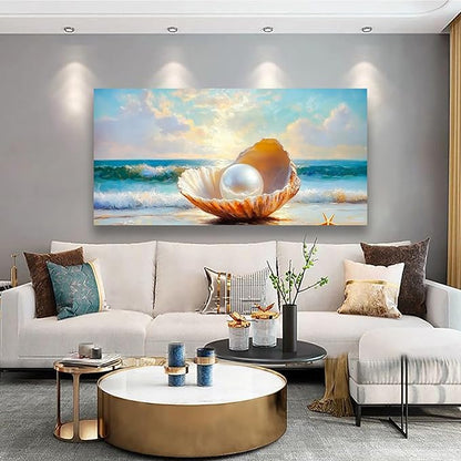 Seashells Pearls Pictures Canvas Wall Art Living Room Office Bedroom Wall Decor Sea Landscape Wall Art Prints Modern Blue and White Landscape Artwork Waterproof Ready to Hang - 20x40 inches
