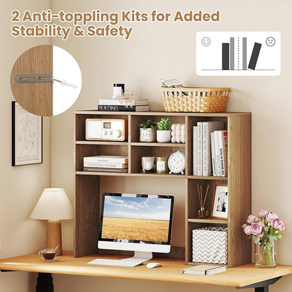 Desk Hutch, Desktop Organizer with 7 Cubes & 3 Adjustable Shelves, 3 Tier Wooden Display Rack, 37” Counter Top Bookshelf for Dorm, College, Home Office, Hutch Top Only