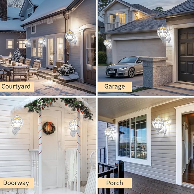 Globe Outdoor Wall Lights for Porch Patio Garage, White Aluminum Outdoor Light Fixtures Wall Mount, Sphere Waterproof Outside Wall Sconces Exterior House Lantern Lighting with Amber Glass, 2 Pack