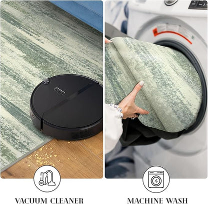 Modern Abstract Runner Rug 2x6, Sage Green Grey Washable Entryway Runner Non-Slip Soft Hallway Rug Runner Thin Print Faux Wool Carpet for Kitchen Bedroom Laundry Room Indoor