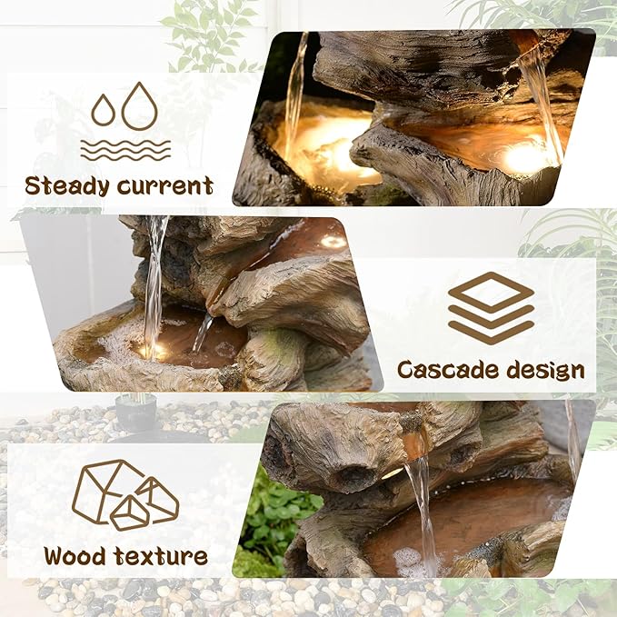 40" H Outdoor Water Fountain with 5 Tiers Large Cascading Realistic Tree Trunk Waterfall Fountains with LED Lights Outdoor Water Fountain for Garden Patio Backyard Porch Home Decor