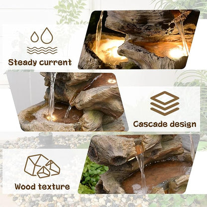 40" H Outdoor Water Fountain with 5 Tiers Large Cascading Realistic Tree Trunk Waterfall Fountains with LED Lights Outdoor Water Fountain for Garden Patio Backyard Porch Home Decor