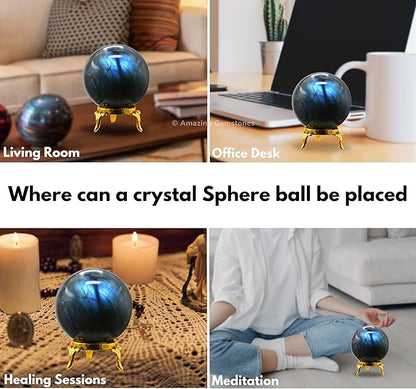 Amazing Gemstone Labradorite Crystal Ball with Stand - 1.5 Inches Crystal Sphere Meditation Balls for Witchcraft and Decorative Balls