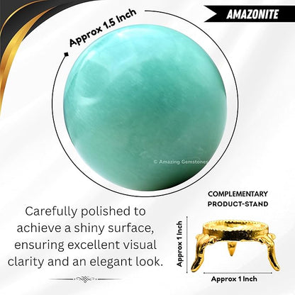 Amazing Gemstone Amazonite Crystal Ball with Stand - 1.5" Inches Crystal Sphere Meditation Balls for Witchcraft and Decorative Balls