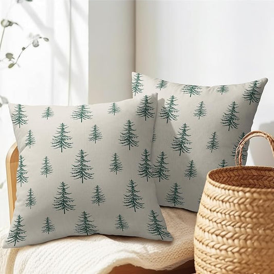 Christmas Tree Pillow Covers 20x20 Set of 2 Green Xmas Vintage Winter Print Decorative Outdoor Linen Zipper Throw Pillows Cases Cushion Cover Rustic Holiday Decoration Farmhouse Sofa Couch Bed Decor