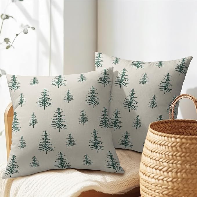 Christmas Tree Pillow Covers 16x16 Set of 2 Green Xmas Vintage Winter Print Decorative Outdoor Linen Zipper Throw Pillows Cases Cushion Cover Rustic Holiday Decoration Farmhouse Sofa Couch Bed Decor