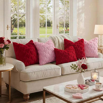 decorUhome Valentine’s Day Soft Plush Throw Pillow Covers 12x20 Inch Set of 2, Faux Fur Red Heart Decoration Neutral Lumbar Pillow Covers for Couch Sofa Bed Cozy Farmhouse Holiday Decor