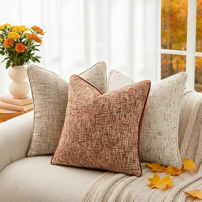 a moment Fall Rust Orange Reversible Pillow Covers 2 Pack - Farmhouse Chenille Throw Pillows, Neutral Textured Decorative Throw Pillow Covers with Border for Couch Sofa Bed (12x20 Inch, No Insert)