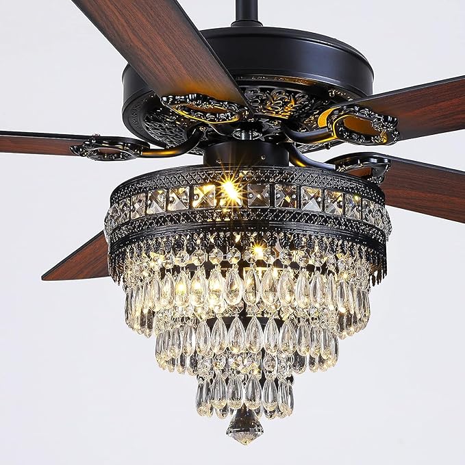 Asyko Crystal Ceiling Fan Fandelier with Lights - Modern Outdoor Fans with Remote Control，Noiseless AC Motor, Retro/Farmhouse Lighting, Dining Room， Living Room (52"