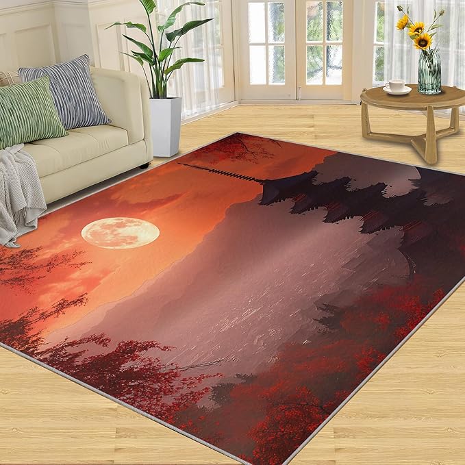 Japanese Style Area Rug 3x4 Washable Rug Red Maple Leaves Rugs for Living Room Sunset Scene Non Slip Carpet Floral Print Mat Bedroom Bathroom