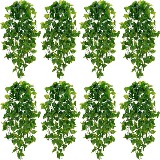 BLEUM CADE Fake Hanging Plants, 8pcs Artificial Hanging Plant, Faux Pothos Vines Greenery for Wall Home Living Room Office Indoor Outdoor Decor (No Baskets)
