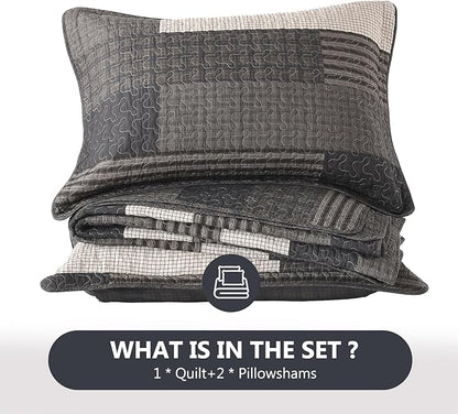 100% Cotton Quilt Set King Size - Plaid Quilted Comforter, Patchwork Striped King Quilt Bedspread, Modern Farmhouse Lightweight Bedding for King Bed, 3pcs, Charcoal/Gray/Taupe/Beige