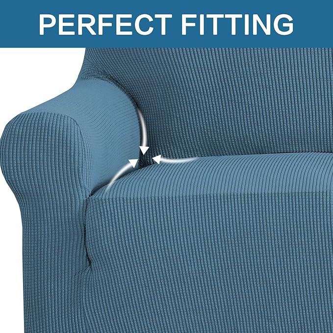 H.VERSAILTEX Stretch Couch Covers for Sofa 1 Piece Slipcovers for Couch and Sofas 3 Seater Couch Cover Feature Thick Checked Jacquard Fabric with Elastic Bottom(Large Sofa 90"-100" Wide, Dusty Blue)