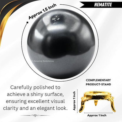 Amazing Gemstone Hematite Crystal Ball with Stand - 1.5 Inches Crystal Sphere Meditation Balls for Witchcraft and Decorative Balls