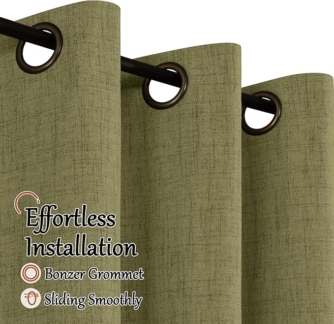 Lajode Linen Blackout Curtains 90 Inch Long, Olive Green Extra Long Curtains for Bedroom Living Room Modern Farmhouse, Thermal Light Blocking Faux Linen Energy Save Drapes Each 52x90 Inch 2 Panels