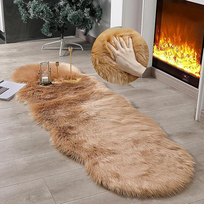 Faux Fur Rug Sheepskin Shag Fluffy Fuzzy Beige 2x6 ft Runner Rugs for Bedroom Bedside Bed Floor Living Room Plush High-Density Cushion Carpet Super Sofa Cover