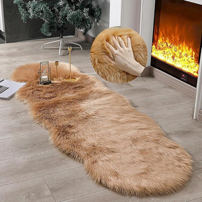 Faux Fur Rug Sheepskin Shag Fluffy Fuzzy Beige 2x6 ft Runner Rugs for Bedroom Bedside Bed Floor Living Room Plush High-Density Cushion Carpet Super Sofa Cover