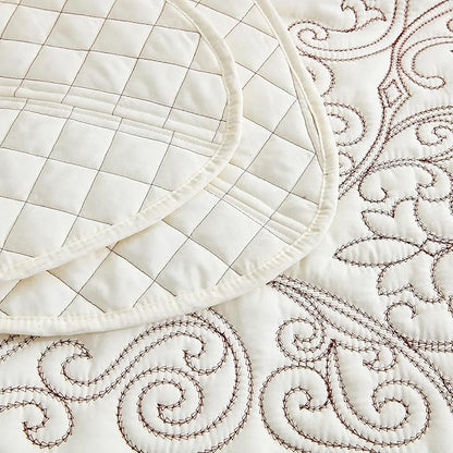 CHIXIN Bedspread Coverlet Quilt Set Full Size - Lightweight Bedding Cover - Beautiful Stitching - 5 Piece Reversible Bedspread - Luxury Damask Paisley Pattern (Full, Ivory)