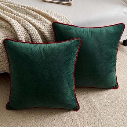 LIGICKY Set of 2 Christmas Dark Green Velvet Throw Pillow Covers Modern Minimalist Style Solid Decorative Red Rope Edging Soft Square Cushion Cases for Sofa Bedroom Party Décor, 18 x 18 inch