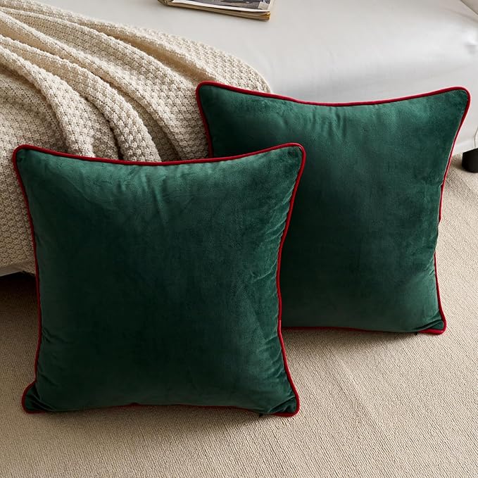 LIGICKY Set of 2 Christmas Dark Green Velvet Throw Pillow Covers Modern Minimalist Style Solid Decorative Red Rope Edging Soft Square Cushion Cases for Sofa Bedroom Party Décor, 20 x 20 inch