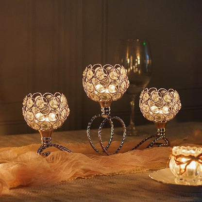 Silver 2 Pcs-3Arm Metal Crystal Tea Light Candle Holder, Elegant Wedding Table Centerpiece Candle Holder, Christmas Wishing Crystal Bowl Candle Holder Suitable for Wedding Party Living Room Decoration