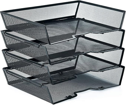 SETTFRFE 4 Tier Metal Mesh Desk Organizer-Stackable Letter Trays for Office Supplies,Black File Storage System with Reinforced Edges