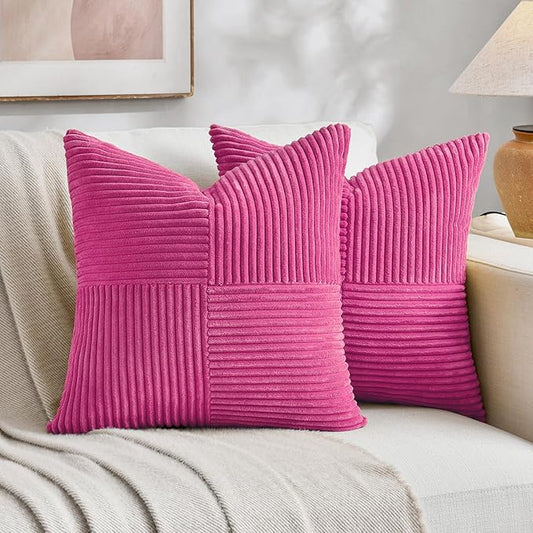Fancy Homi 2 Packs Hot Pink Decorative Throw Pillow Covers 22x22 Inch for Living Room Couch Bed, Rustic Farmhouse Boho Home Decor, Soft Corss Corduroy Patchwork Accent Square Cushion Case 55x55 cm