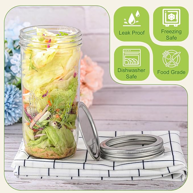 Mason Jars 24 oz Wide Mouth with Measurement Marks–12Pack Glass Canning Jars with Airtight Leakproof Lids & Bands, BPA-Free for Meal Prep, Fermentation, Pickling & Storage (clear 12pack 24oz)