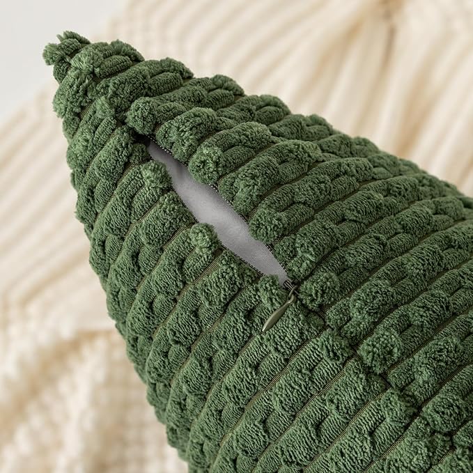 Kevin Textile 14x24 Inch Pillow Cover 1 Pack Boho Decorative Soft Striped Corduroy Lumbar Farmhouse Solid Color Accent Rectangle Cushion Case for Living Room Couch Sofa Bed, Moss Green