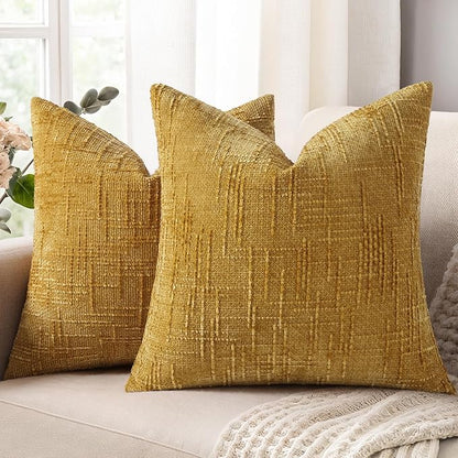 decorUhome Mustard Yellow Chenille Throw Pillow Covers 16x16 Set of 2 Textured Slubby Couch Pillow Covers Farmhouse Accent Modern Neutral Decorative Pillow Cases for Bed Sofa Living Room