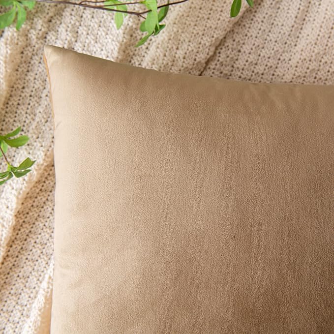 EMEMA Pack of 2 Velvet Throw Pillow Covers Decorative Square Pillowcase Soft Solid Cushion Case for Sofa Bedroom Chair Car 20x20 Inch Khaki