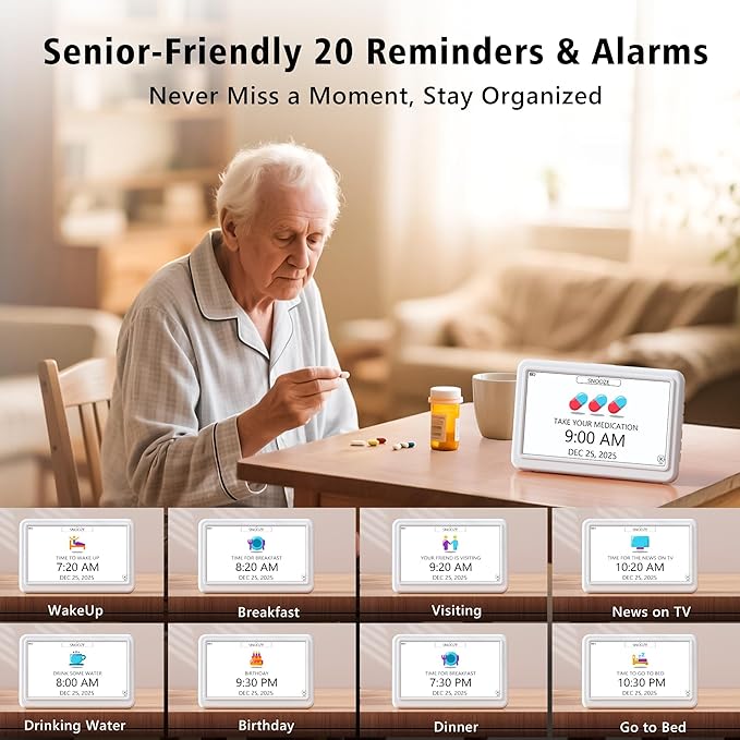 Rechargeable Digital Clock with Day and Date for Elderly, 7" Large Digital Calendar Clock for Seniors, 20 Alarms & Medication Reminders, Auto DST/Dimmer, 12 Themes, Best Gifts for People with Dementia