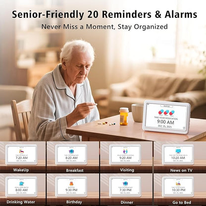 Rechargeable Digital Clock with Day and Date for Elderly, 7" Large Digital Calendar Clock for Seniors, 20 Alarms & Medication Reminders, Auto DST/Dimmer, 12 Themes, Best Gifts for People with Dementia