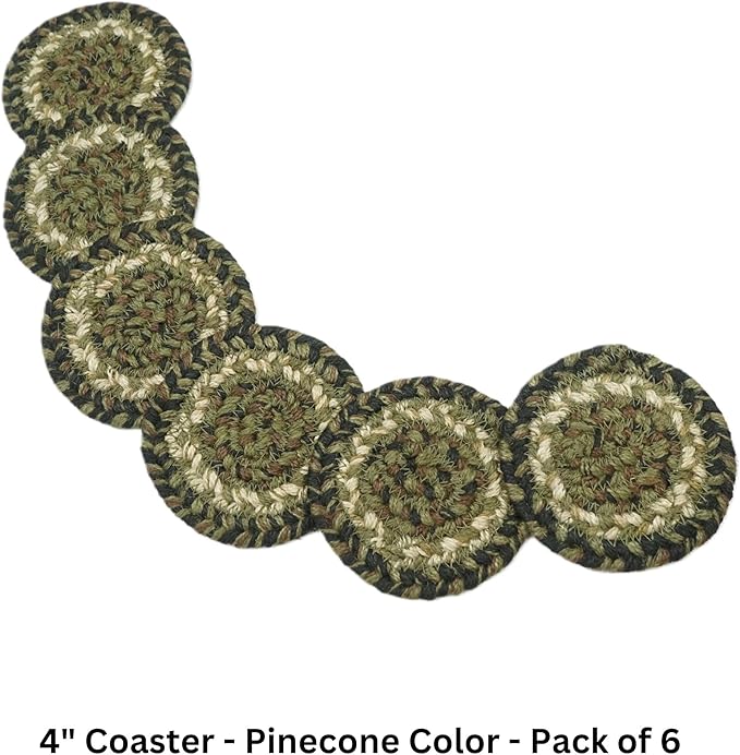 Homespice Pinecone Jute Woven Coasters 4", Warm Country Rustic Decor, Set of 6, Green - Durable, Absorbs Moisture, Easy to Clean and Protects Furniture