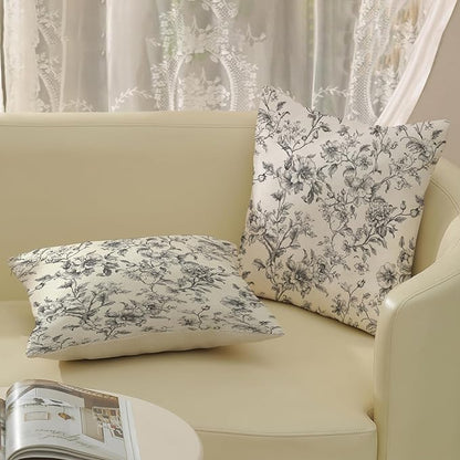 Black and Cream Pillow Covers 20x20 Set of 2 Vintage Floral Chinoiserie Throw Pillows Rustic Toile Flower Decorative Pillow Cases Outdoor Chinoiserie Decor Linen Cushion Case for Couch Sofa