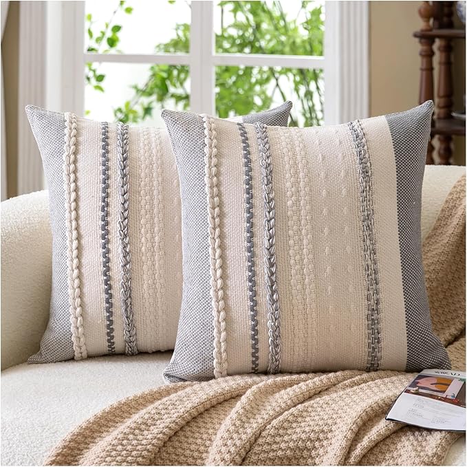 Boho Throw Pillow Covers 18x18 Inch Set of 2, Grey Textured Decorative Couch Pillow Cases for Farmhouse Home Decor, Accent Cushion Cover for Sofa, Bed, Living Room, Bedroom