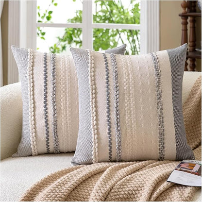 Boho Throw Pillow Covers 18x18 Inch Set of 2, Grey Textured Decorative Couch Pillow Cases for Farmhouse Home Decor, Accent Cushion Cover for Sofa, Bed, Living Room, Bedroom