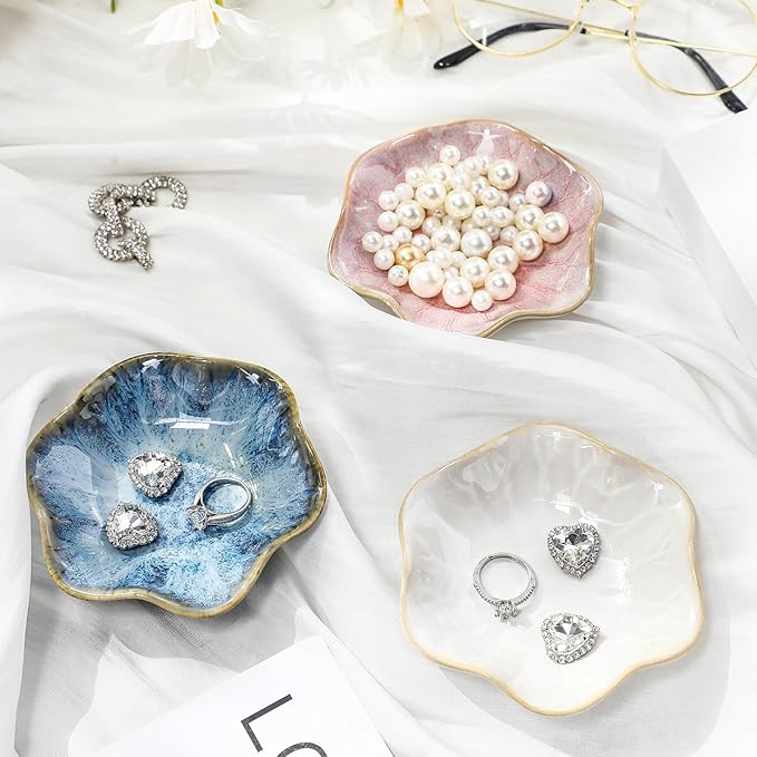 4 Pack Small Jewelry Dish Ceramic Trinket Holder Dish Tray for Rings Earrings Necklaces Bracelets 4.3 x 3.9 Inch Key Bowl Women's Birthday Mother's Day Wedding Gift