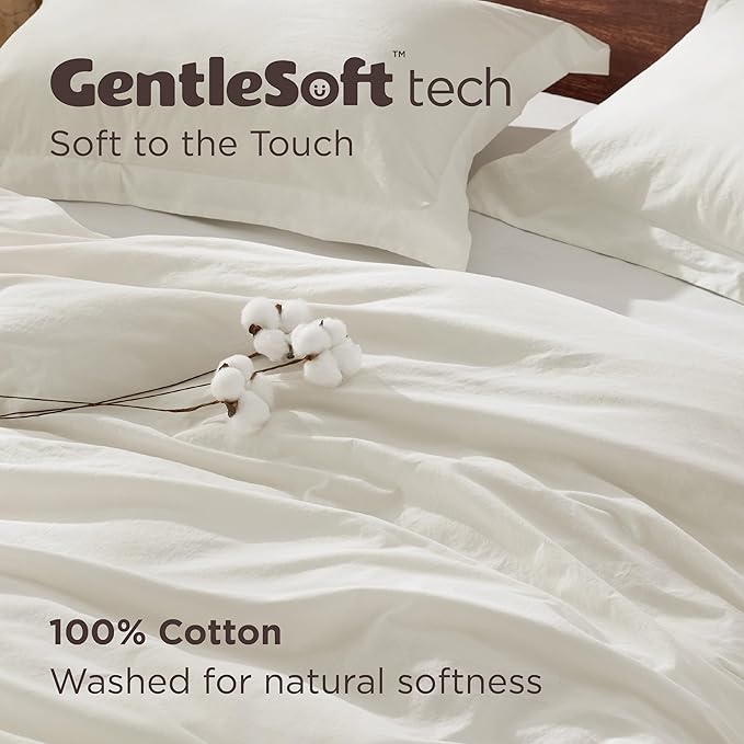 Bedsure 100% Washed Cotton Duvet Cover Twin Size - Ivory Minimalist Cotton Duvet Cover Linen Like for All Seasons - GentleSoft™ Plain Simple Bedding, 2 Pieces (Ivory, Twin, 68"x90")