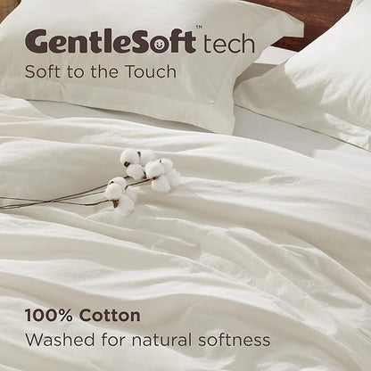 Bedsure 100% Washed Cotton Duvet Cover Queen Size - Ivory Minimalist Cotton Duvet Cover Linen Like for All Seasons - GentleSoft™ Plain Simple Bedding, 3 Pieces (Ivory, Queen, 90"x90")