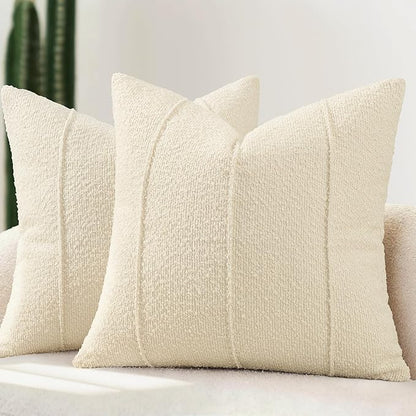 YCOLL Textured Boucle Throw Pillow Covers 20x20 Pack of 2 - Soft Neutral Striped Cushion Covers, Cozy Accent Decorative Pillow Covers for Couch, Sofa, Bed, Living Room (Cream)