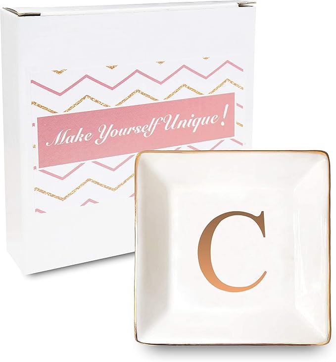 ANOTION Jewelry Tray Ring Dish with Ini-tial Gift- Personalized Trinket Dish and Jewelry Dish with Gold Initials Key Bowl Ceramic Holder, Unique Wedding or Engagement Present