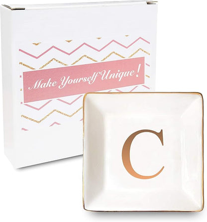 ANOTION Jewelry Tray Ring Dish with Ini-tial Gift- Personalized Trinket Dish and Jewelry Dish with Gold Initials Key Bowl Ceramic Holder, Unique Wedding or Engagement Present