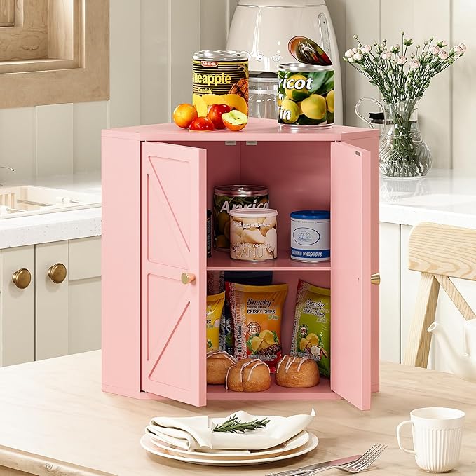 Corner Bread Box for Kitchen Counter Double Layer Bamboo Bread Storage Container Large Capacity Bread Storage Bin Farmhouse Breadbox Organizer (Pink)